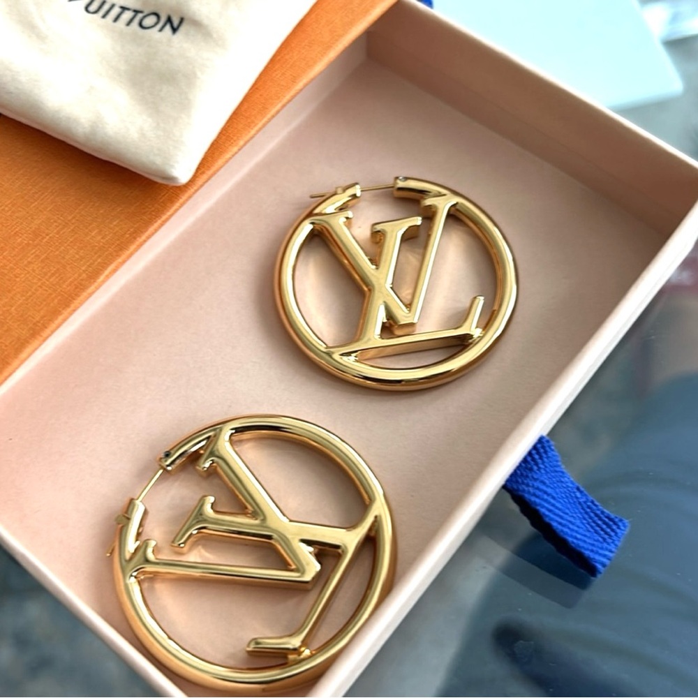 Gold Authentic Luis Viutton Hoop Earrings. Style #M64288